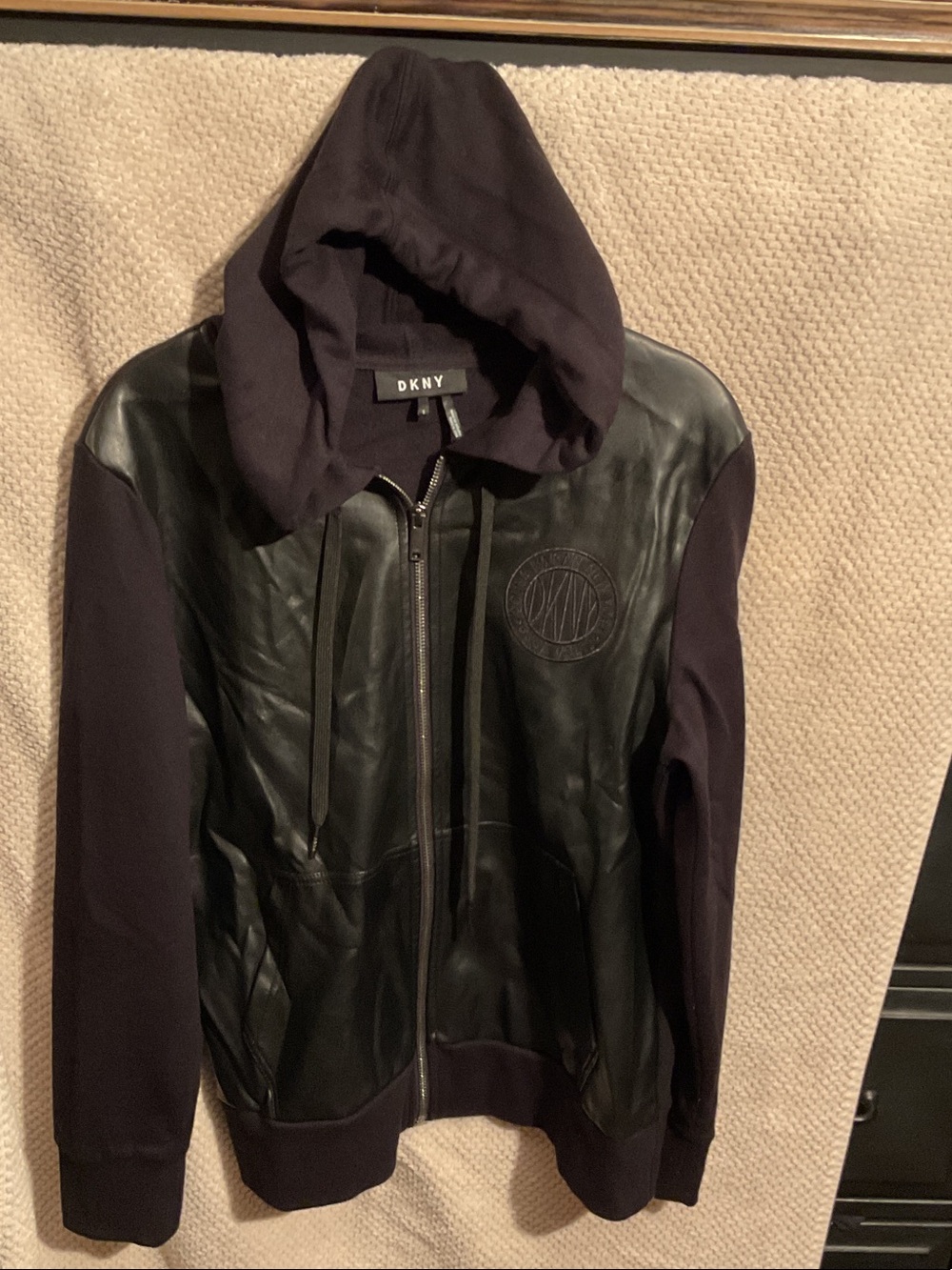 DKNY Black Faux Leather & Cotton-Front Hooded Jacket